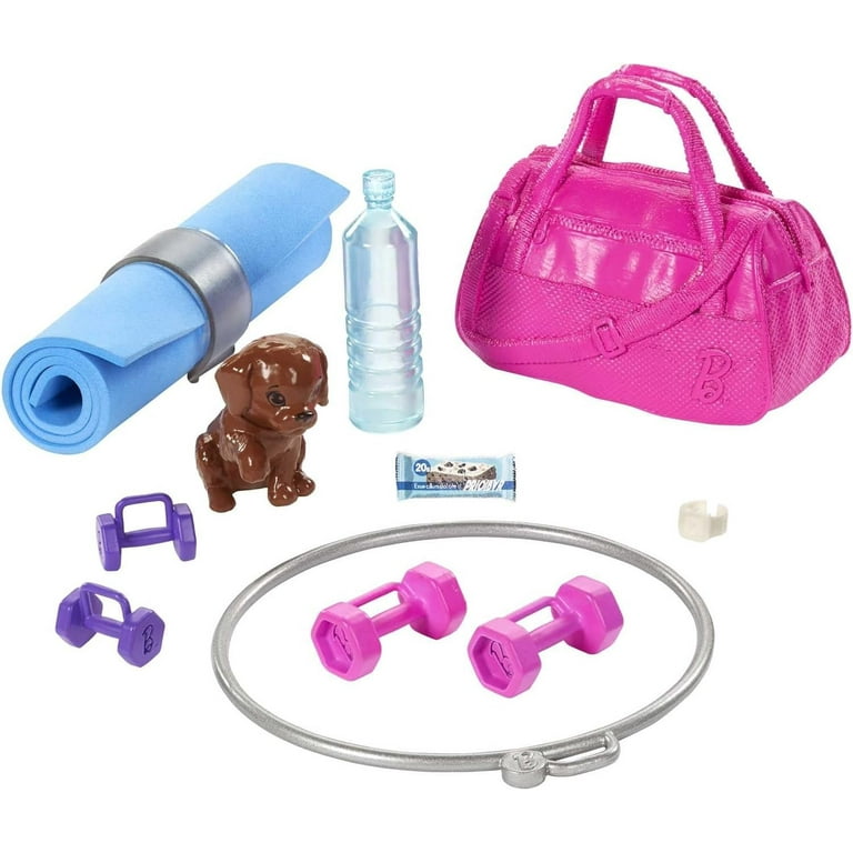 Barbie Fitness Red-Haired Doll with Puppy and 9 Accessories Including Yoga  Mat and Bag 