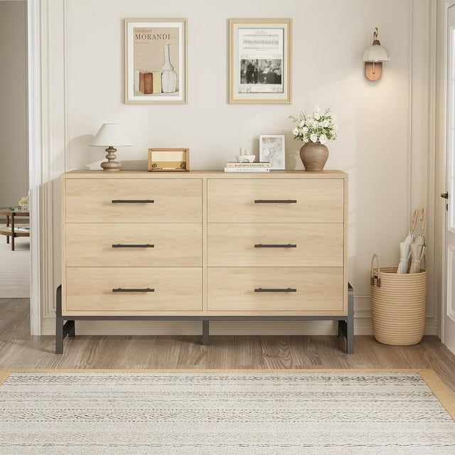 Ourlova Commode à 6 Tiroirs de 52 Pouces de Large avec Pattes en Forme de R, Coffre de Rangement Spacieux à Grain de Bois pour Chambre, Salon, Entrée
