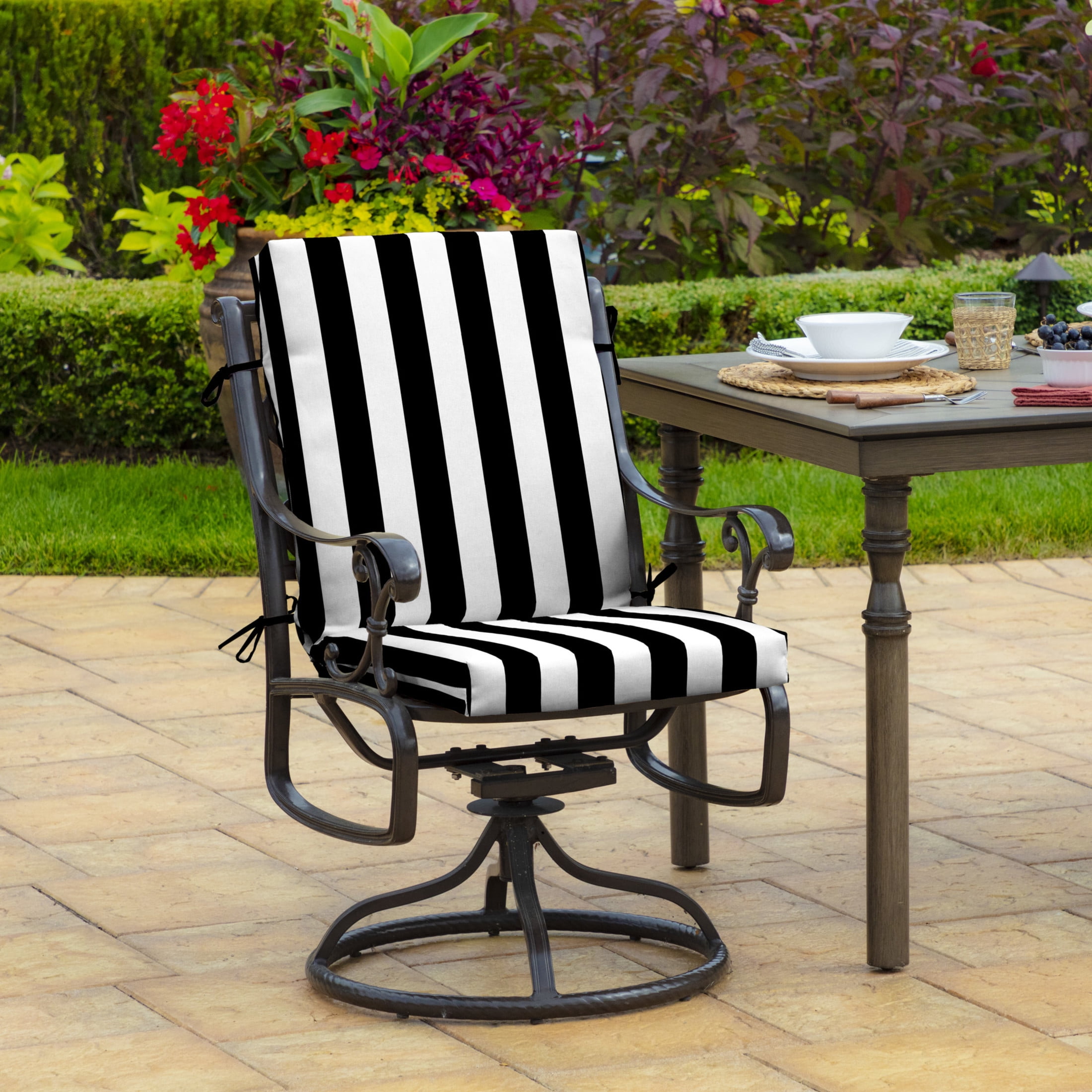 ARDEN 4-Pack Outdoor Patio Dining Chair Cushion, 20x44, Rain-Proof Seat Pad, Fade-Resistant Outdoor Cushion Black Cabana Stripe