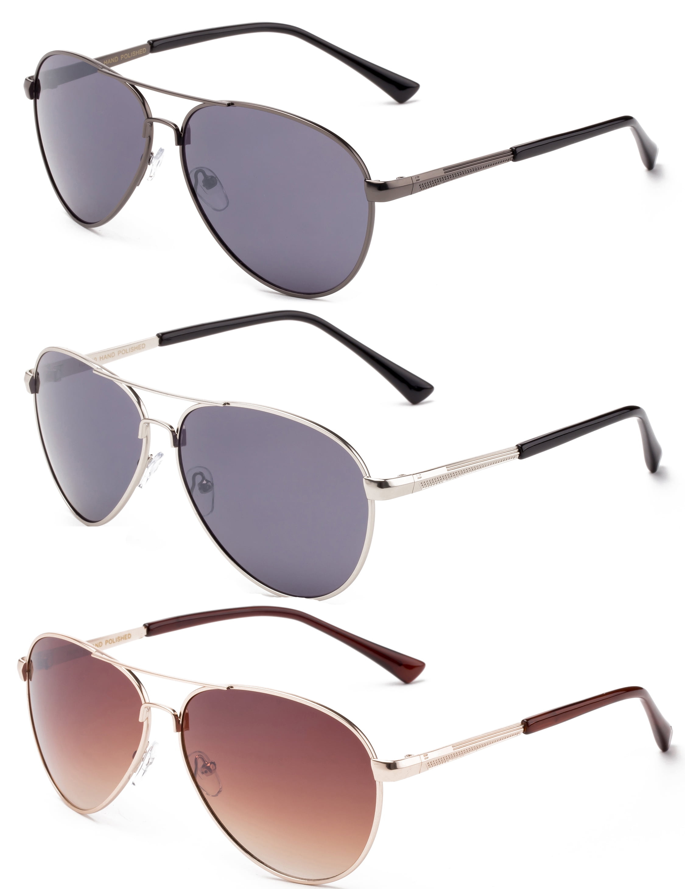 3 Pack Metal Rim Aviator Sunglasses for Men for Women, Gunmetal, Silver & Brown