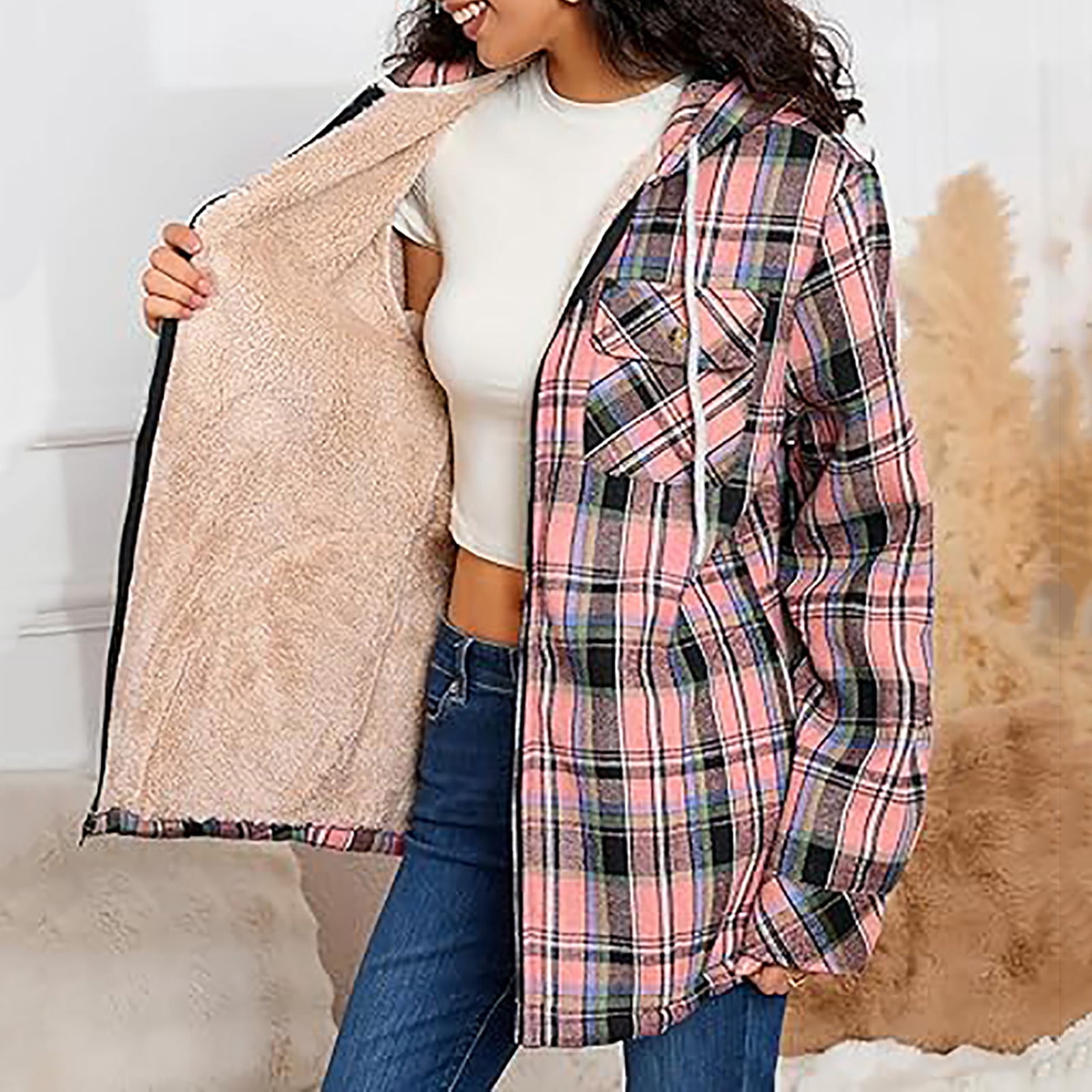 Womens Sherpa Fleece Lined Flannel Jacket Button Down Plaid Lightweight Flannel Shirt Jacket Women