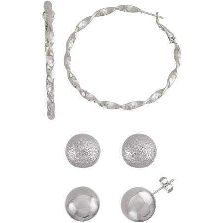 X & O Silver-Tone Twisted Hoop and Textured Stud Earring Set, Sizes 50mm and 14mm, 3 Pairs