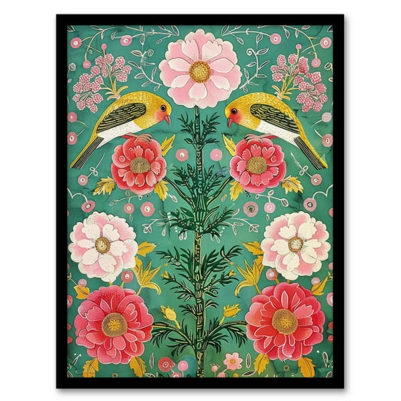 Artery8 Birds on Flower Vintage Green Pink Floral Pattern For Living Room Art Print Framed Poster Wall Decor 12x16 inch