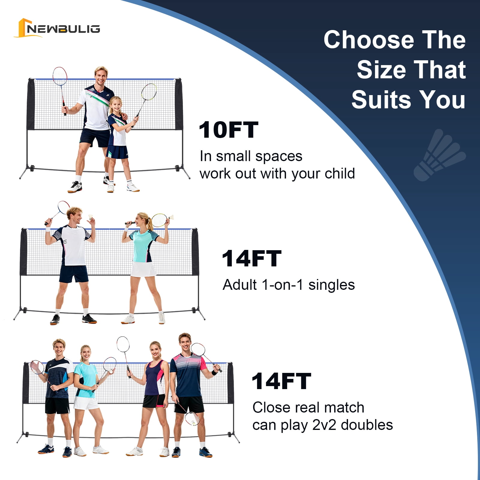 JIOABL Portable Badminton Net Set, 14FT Adjustable Height for Outdoor & Indoor Use, Includes Carry Bag, Easy Setup No Tools Needed, Blue-Black