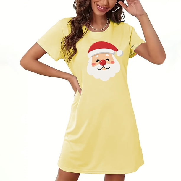 Camisón corto navideño para mujer, talla grande, cuello redondo, manga corta, estampado en el pecho, vestido de noche para mujer