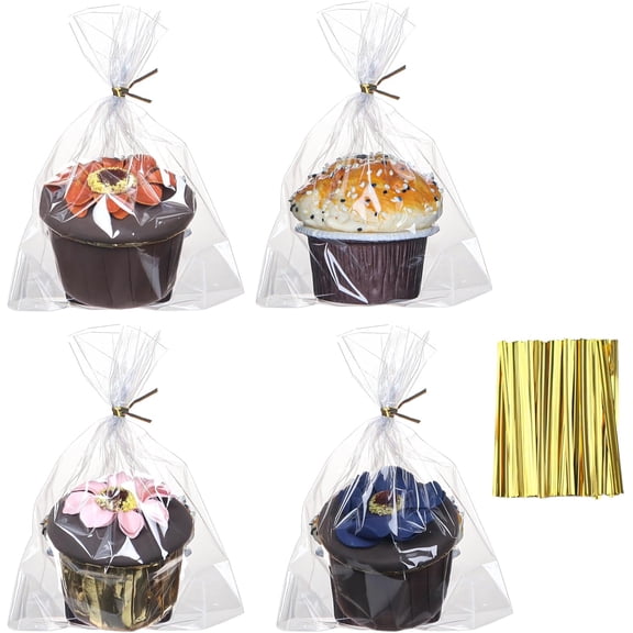 YANTONG 100 Pcs 5x6.5 Cellophane Muffin Bags with Gold Twist Ties – Commercial-Grade Flat-Bottom Design for Cupcakes, Cookies & Pastries (Fits Macarons/Chocolates/Strawberries) – Reusable