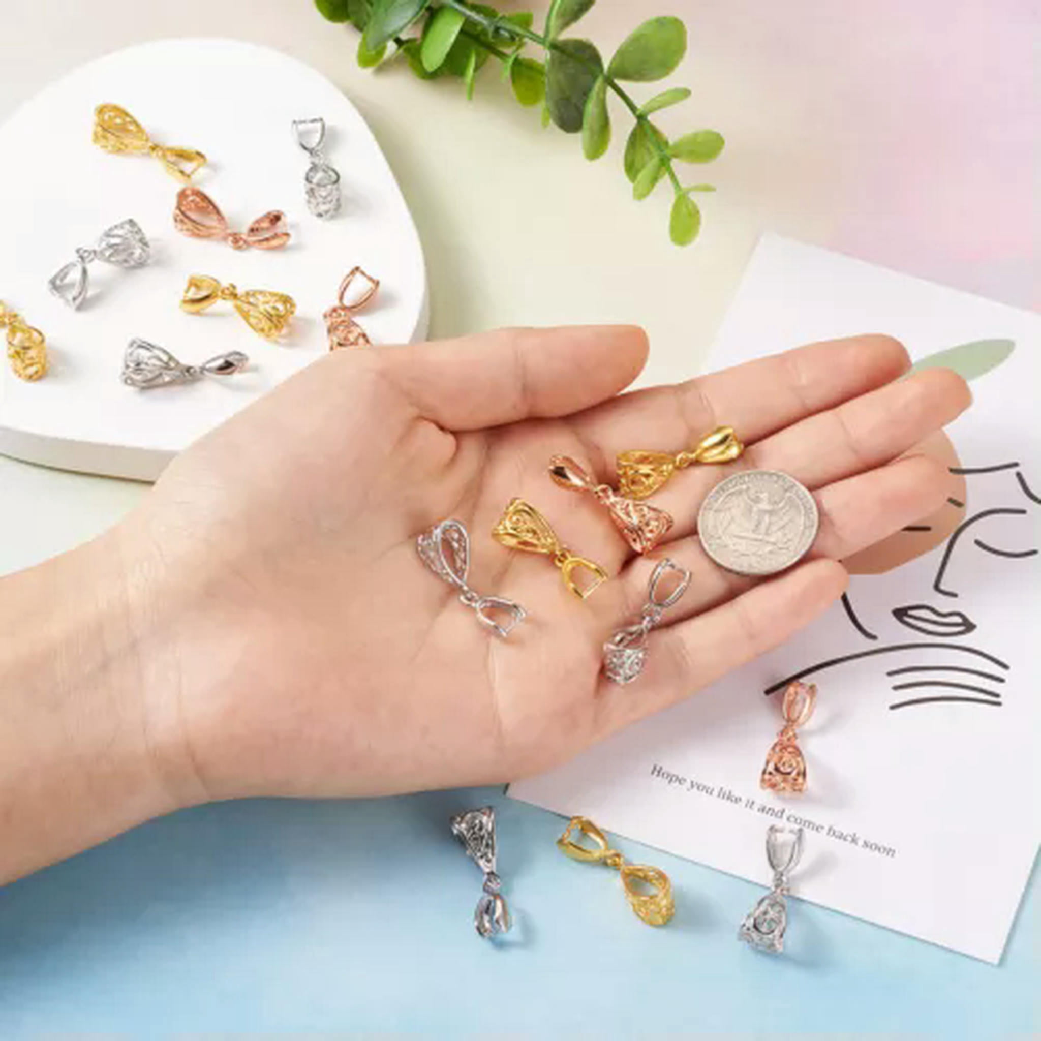 U8MO 50pcs Rack Plated Brass Filigree Pinch Bails Ice Pick Large Hole Hollow 13x8mm-Mixed Color