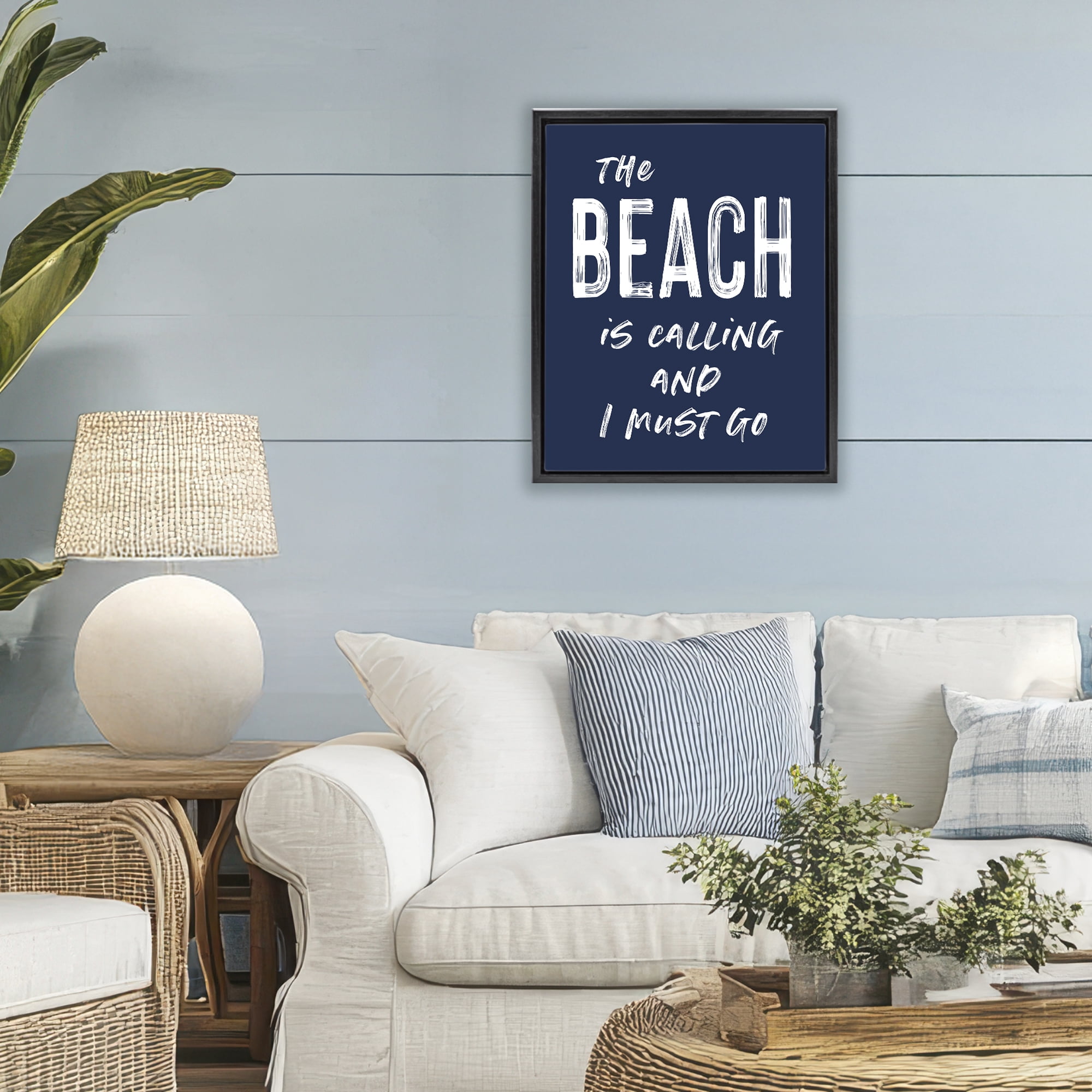 Beach Is Calling Summer Sentiment Black Framed Floater Canvas Wall Art, design by Lettered and Lined
