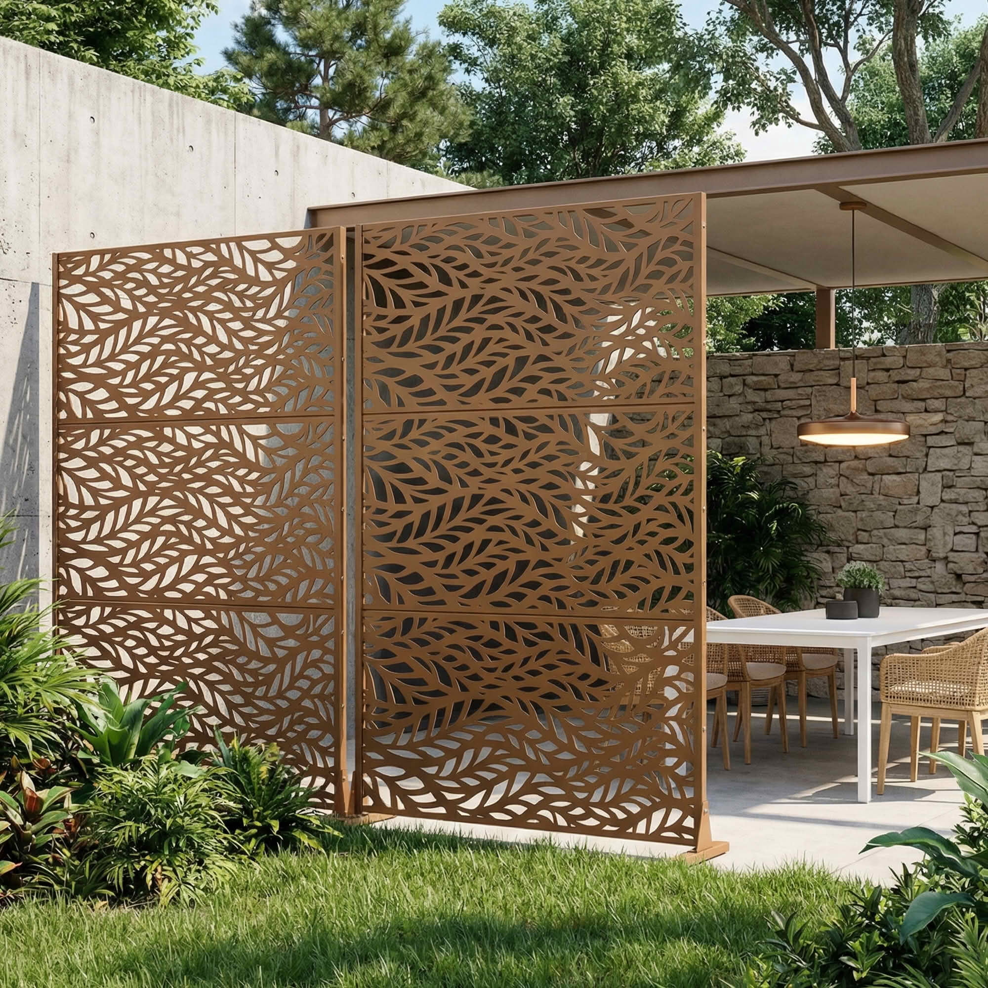 MAYEERTY Brown Rectangular Galvanized Metal Privacy Screen, Outdoor Garden Patio, 72×47×16in, 3 Panels