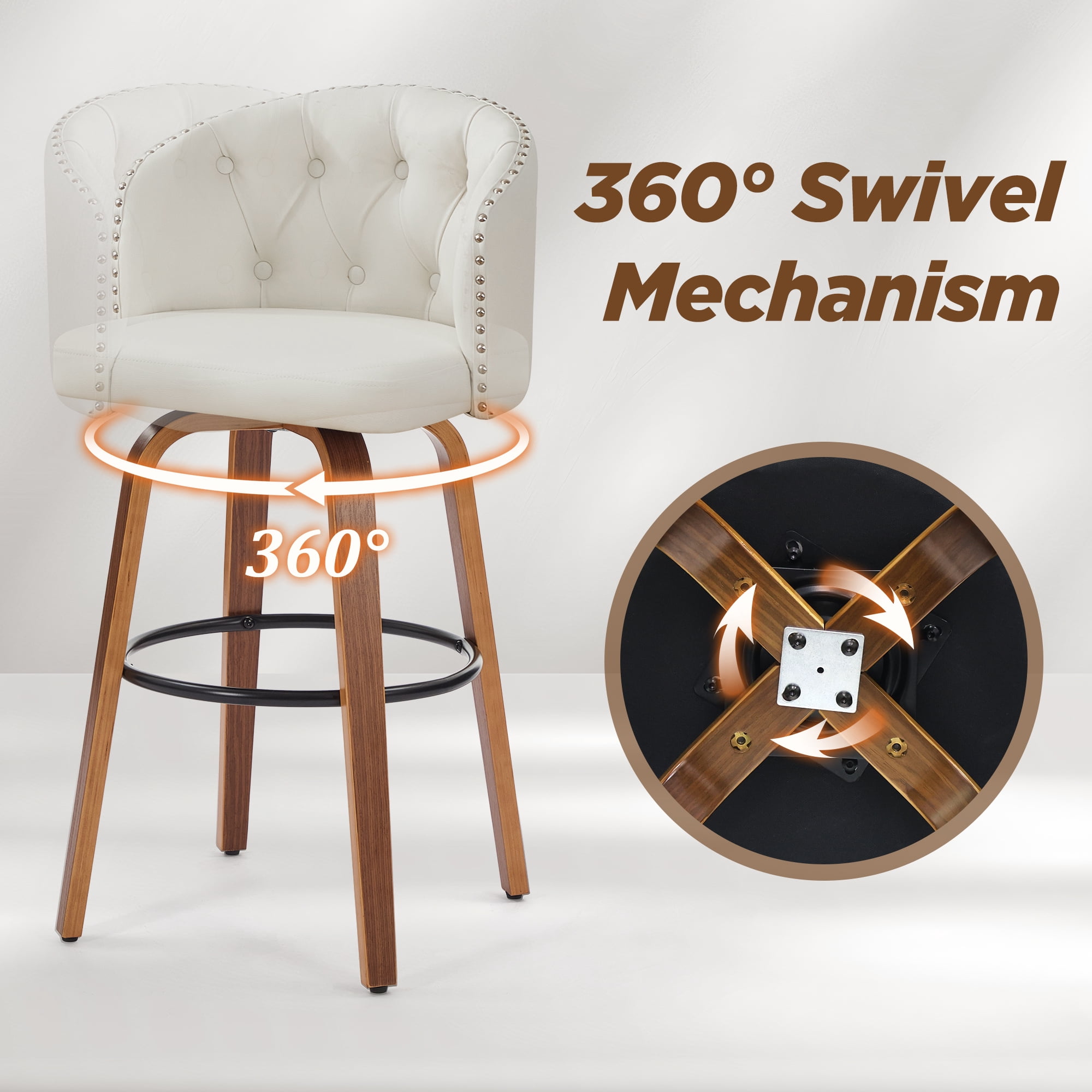 Fahomiss 28" Swivel Bar Stools with Back Set of 2, Leather Farmhouse Bar Height Stools, White