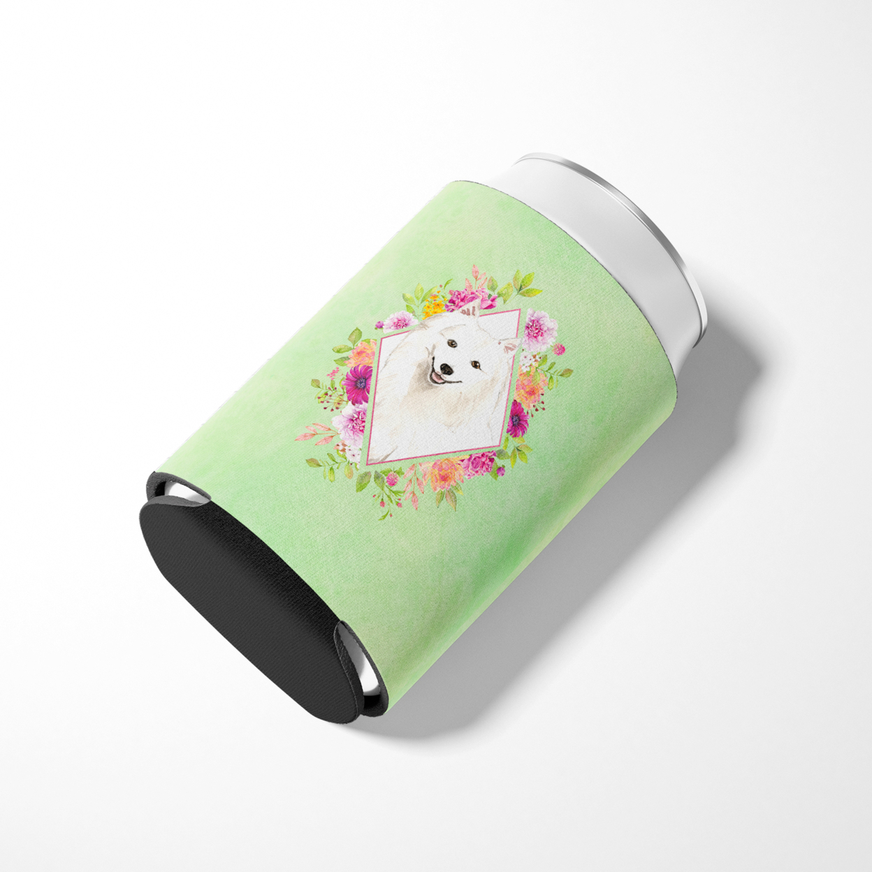 Japanese Spitz Green Flowers Can or Bottle Hugger