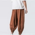 thumbnail image 4 of BXINGOHAI Men's Casual Ankle Length Pants Cotton Linen Breathable Harem Pants Elastic Waistband Pants 2024 Outdoor Daily Workout Pants With Drawstring Coffee,L, 4 of 4