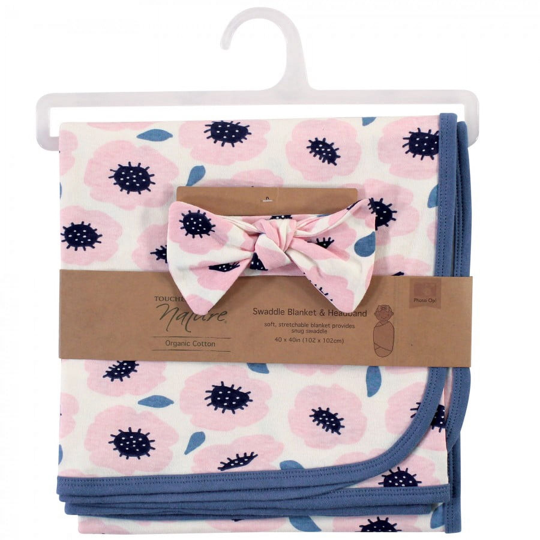 Touched by Nature Baby Girl Organic Cotton Swaddle Blanket and Headband or Cap, Blossoms, One Size