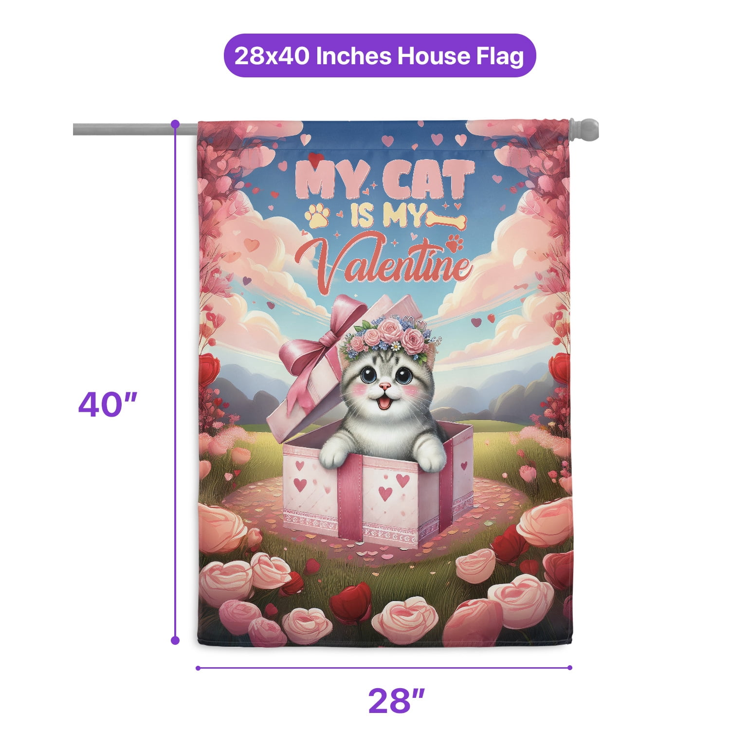 My Cat is My Valentine Cute American Shorthair in Gift Box House Flag 28x40in Double Sided Cat Lover Kitten Owner Gifts Outdoor Decor - 3006