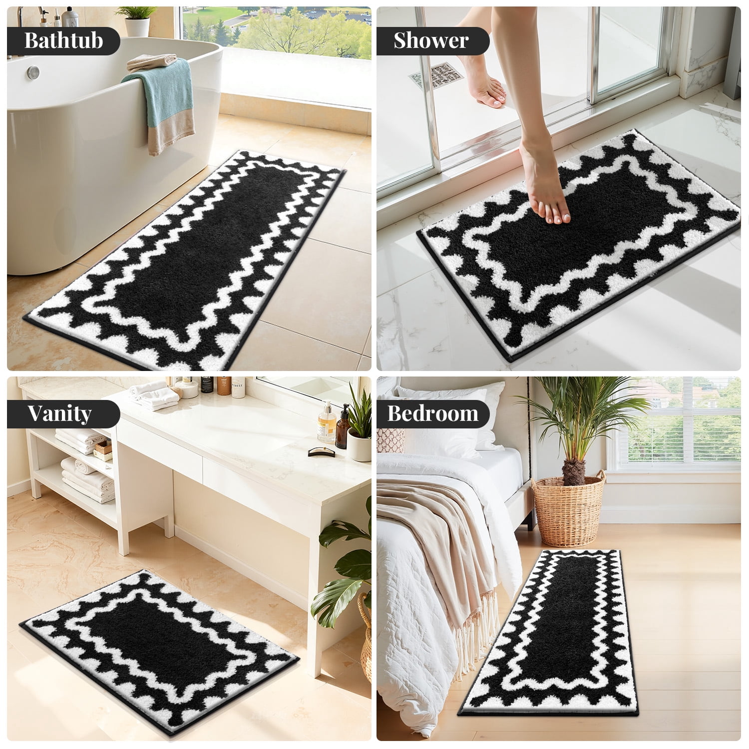 Findosom 4-Piece Bathroom Rugs Set,Non Slip Absorbent Bath Mat,Machine Washable Microfiber Quick Dry Bath Rug for Bathroom Bedroom Kitchen Shower Tub,Black