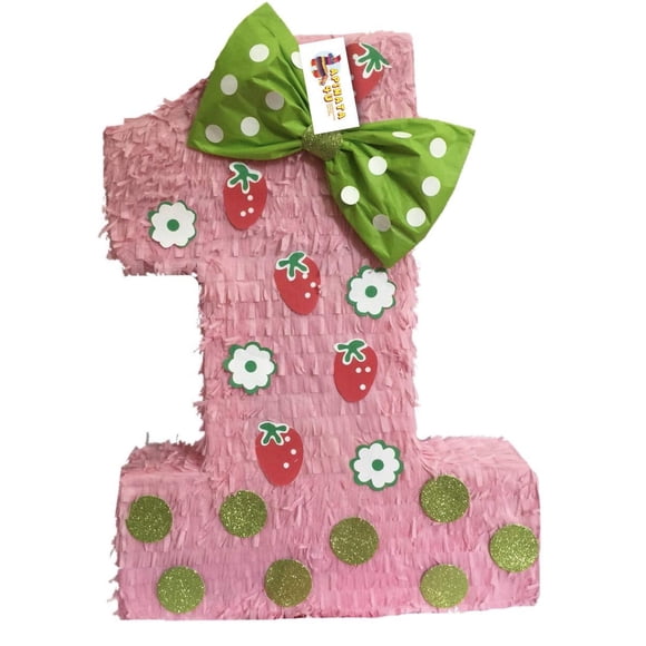 APINATA4U Number One Strawberry Piñata - 20" Pink First Birthday Party Decor