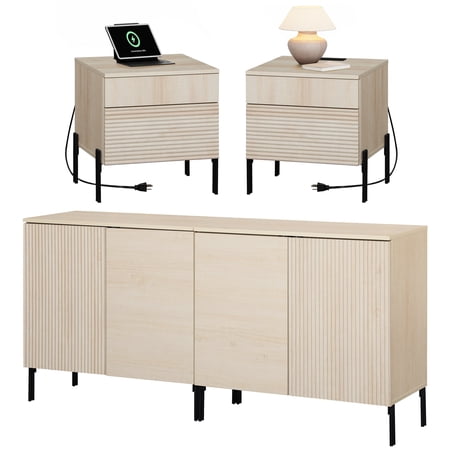 4 Pcs Bedroom Set,Wooden Dresser and Nightstand Sets for Bedroom Reeded Dresser Set with Adjustable Shelves Night Stand of 2 with Charging Station