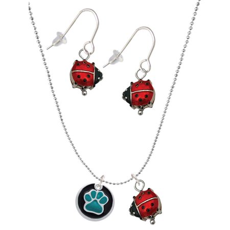 Delight Jewelry Silvertone Teal Paw on Black Disc Red Lucky Ladybug Necklace and Dangle Earrings Set Delight Jewelry Silvertone Teal Paw on Black Disc Red Lucky Ladybug Necklace and Dangle Earrings Set