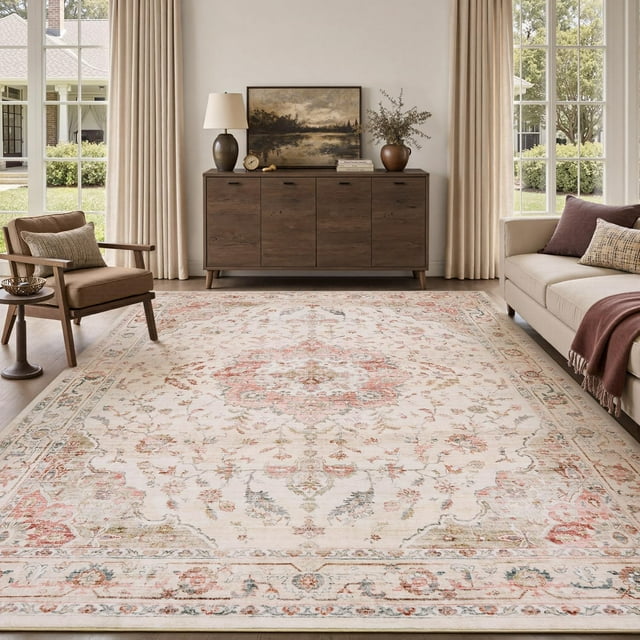 x Area Rug Washable Rugs for Living Room Rug for Bedroom Non Slip Vintage Floral Carpet for Dining Room Playroom Office