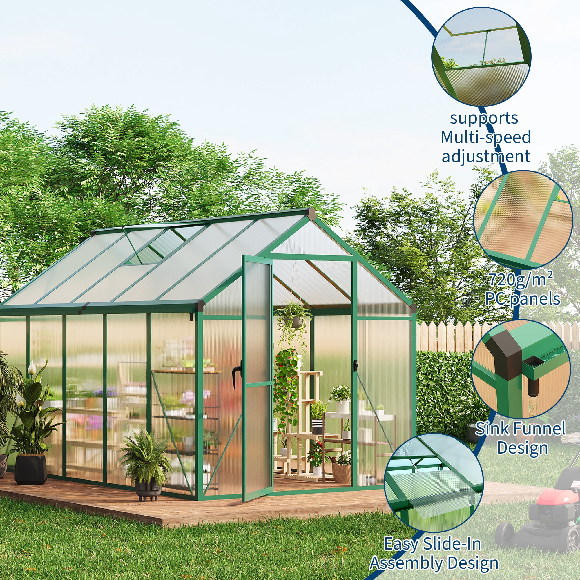 COZONY 6*10ft Walk-In Greenhouse, 720g/m² Polycarbonate Panels with Aluminum Frame&new handle, Roof Vent & Quick Setup for Outdoor Gardening,Green