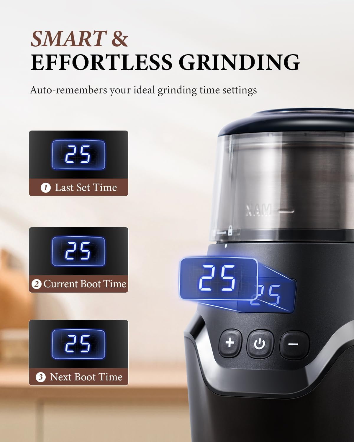 GDOR Adjustable Coffee Grinder Electric,Super Silent Electric Coffee Bean Grinder with Time-Memory Adjustment and Multi-Functional Stainless Steel Cup