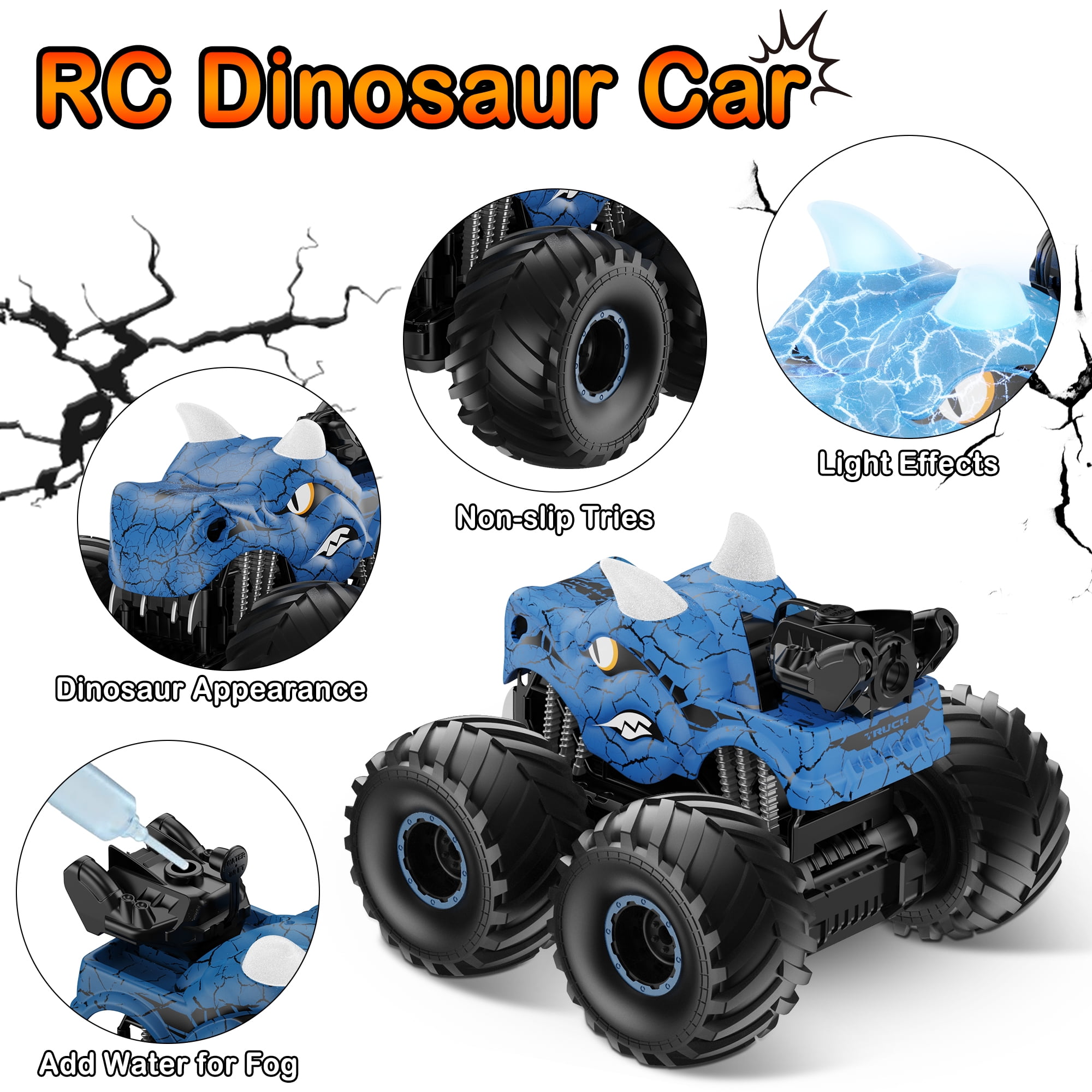 UUGEE Remote Control Dinosaur Car Toys for Boys, 2.4GHz RC Monster Trucks for Boy with Spray, Light & Sound, 360° Rotating All Terrain RC Cars Toys Christmas Birthday Gifts for 5 6 7 8 Kids - Blue