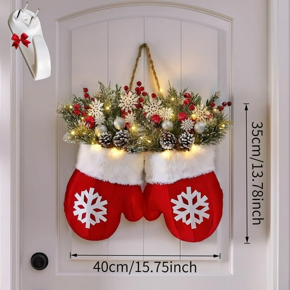 Christmas Glove Wreath with 20 LED Lights | Artificial Pine Branches, Red Berries & Frosted Cones | Indoor/Outdoor Door & Wall Decoration for Holiday Displays