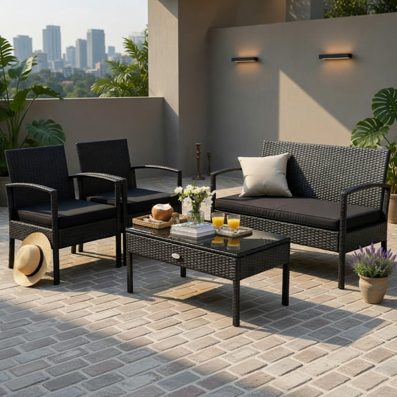 Hommoo 4-Piece Outdoor Rattan Patio Furniture Set with Cushions, PE Wicker Loveseat, Chairs & Coffee Table for Backyard, Balcony, Deck, Black