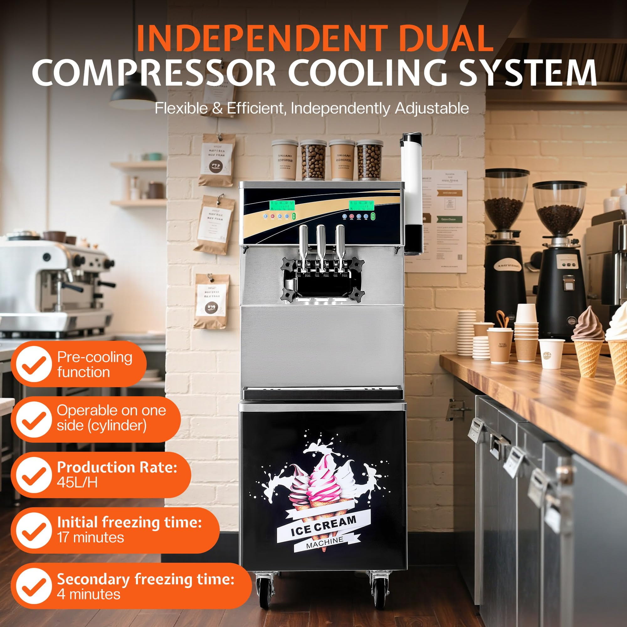 LUXOAK 45L/H Commercial Soft Ice Cream Machine, 3-Flavor Ice Cream Maker, Dual Compressors, Auto Clean & Pre-Cooling for Restaurants