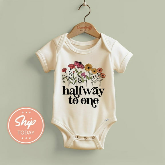 Floral Halfway To One Onesie, Baby Girl 1St Birthday Clothing, Half Birthday Apparel, 6 Month Baby Bodysuit, Cute Baby Onesie, BABY BODYSUIT LAT 4424