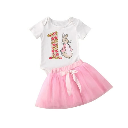 

Baby Girls Summer Outfits Sets Short Sleeve Rabbit Print Romper Top Tulle Tutu Skirt Clothes Set
