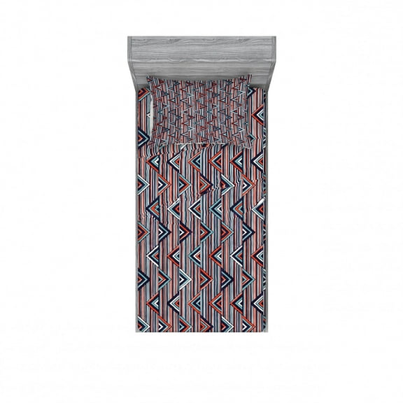Tribal Bedding Set with Sheet & Covers, Striped Abstract Pattern with Creative Triangles Artwork, Printed Bedroom Decor 2 Shams, 4 Sizes, Cinnamon Black Teal, by Ambesonne