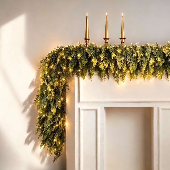 Szubyfq Pre-Lit Christmas Cedar Garland with Warm Lights, Artificial Cypress Greenery Swag for Mantel Stair Railing Front Door, Flexible Hanging Christmas Greenery Garland for Holiday Winter Decor