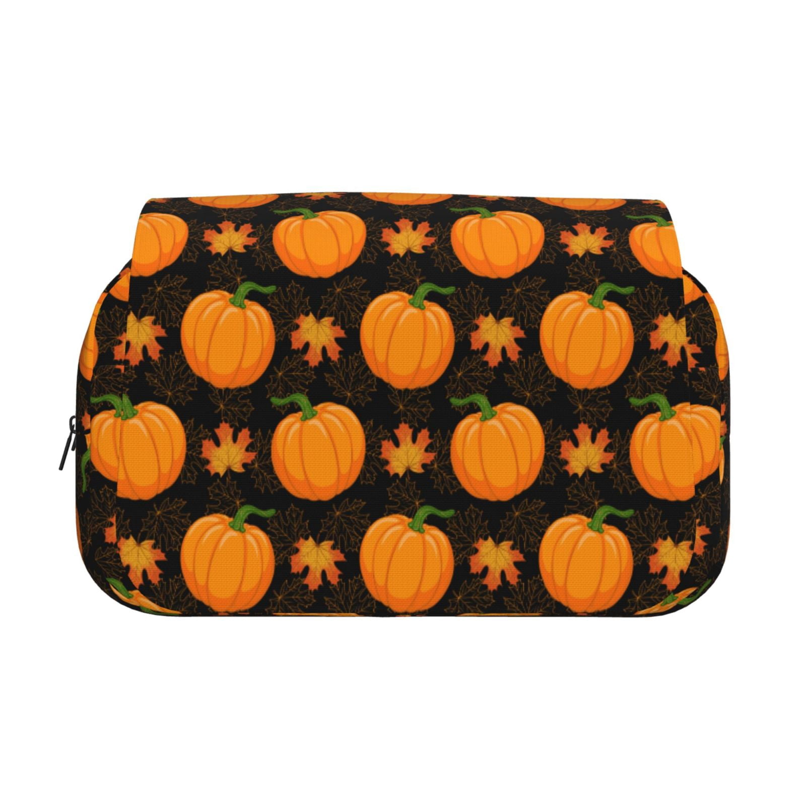 Rateoe Orange Pumpkin And Autumn Maple Pattern Double Clamshell Pen Case, Storage Organizer with Two Zipper Compartments– Holds Up to 50 Pencils & Pens