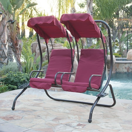 swing patio outdoor person seat cup steel holder canopy padded armrest belleze burgundy double frame