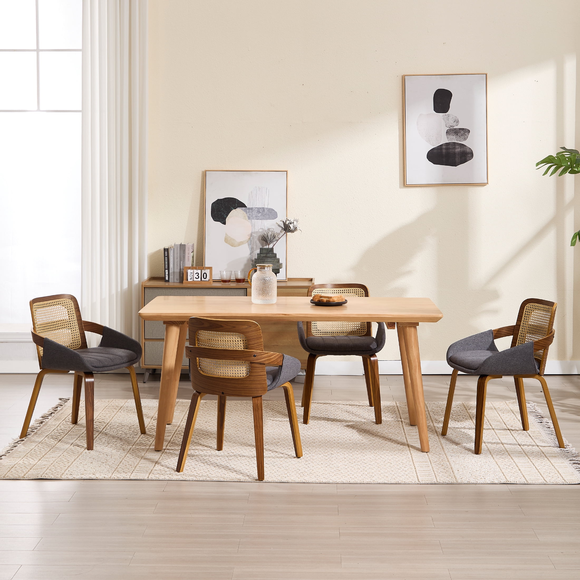 Guyou Modern Rattan Dining Chair Set of 2, Solid Wood Dining Side Chairs, Linen Upholstered Kitchen Chairs with Armrests for Kitchen Dining Room Living Room, Grey