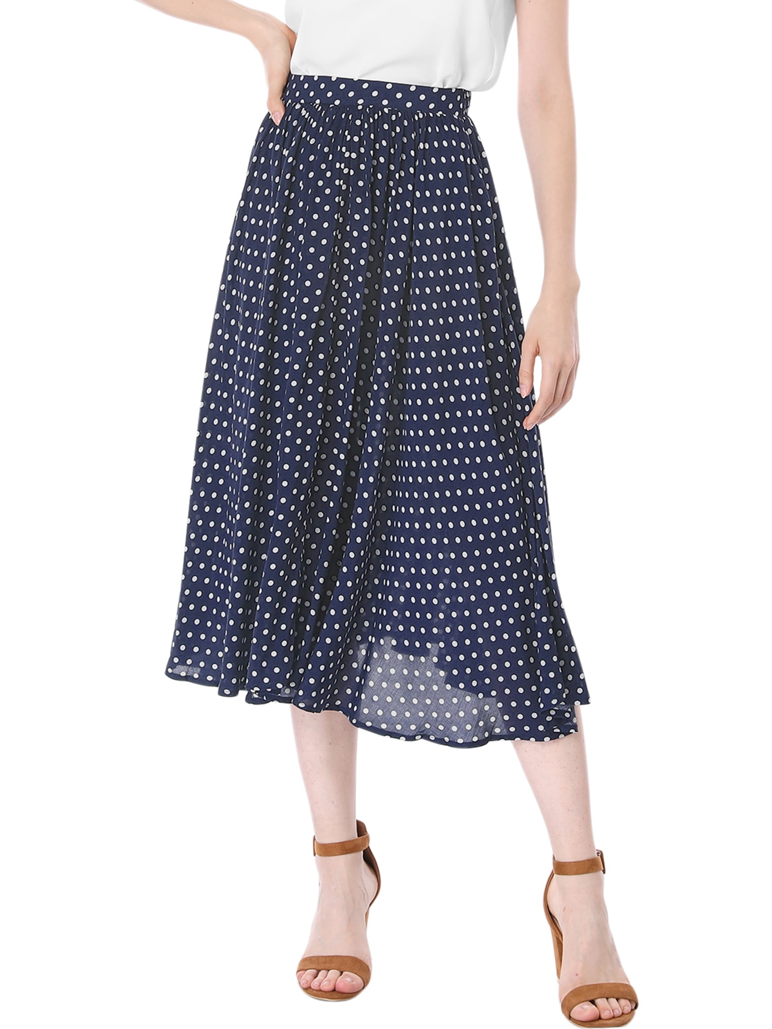 Unique Bargains Women's Polka Dots Elastic Waist Midi A Line Skirt ...