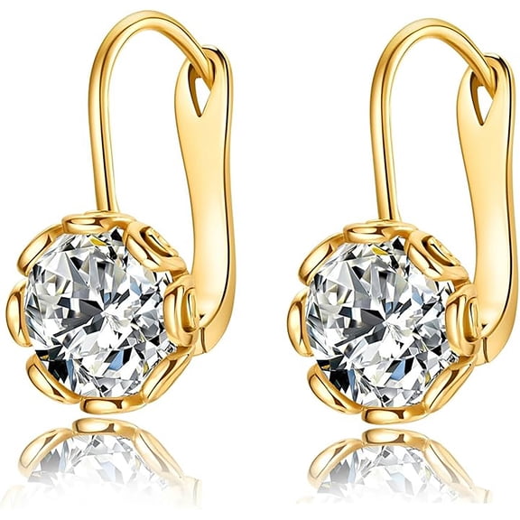 18K Gold Plated Hanging Earrings, 2.0ct Cubic Zirconia Leverback Earrings for Women Trendy, Round Sparkling Simulated Diamond Dangle Earring Charm for Wedding Jewelry Gift