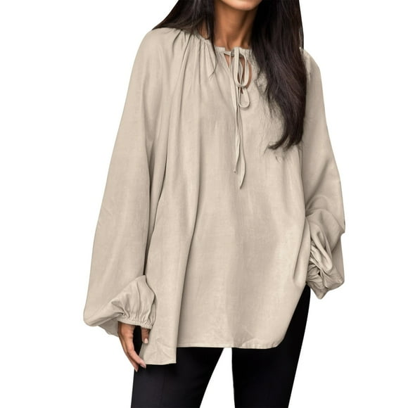 Cathalem Womens Oversized Shirts Business Casual Blouses V Neck Work Shirts Fall Clothes,Beige S