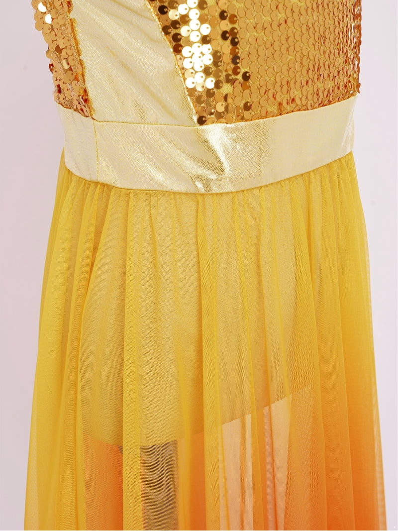 Haitryli Girls Liturgical Worship Praise Dance Tunic Dresses Lyrical Contemporary Dancewear Shiny Sequins Bodice Dress Gold 10