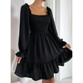 thumbnail image 3 of Women'S Square Neck Lantern Long Sleeve Ruffle Shirred Flowy Party Mini Dress Black L, 3 of 7