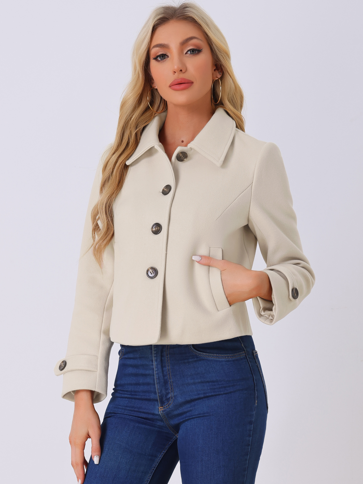 DARING DIVA Women's Turn Down Collar Single Breasted Outwear Winter Pea Coat Beige M