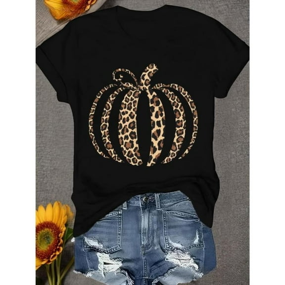 Womens Pumpkin Leopard Graphic Tee Sports T Shirt Tops Comfortable Short Sleeve Round Neck Black S-5XL