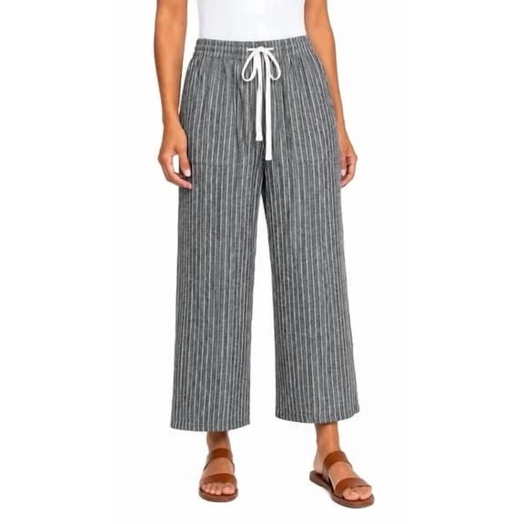 Roxy Women's Striped Linen Blend Pull On Crop Pant, Black Stripes