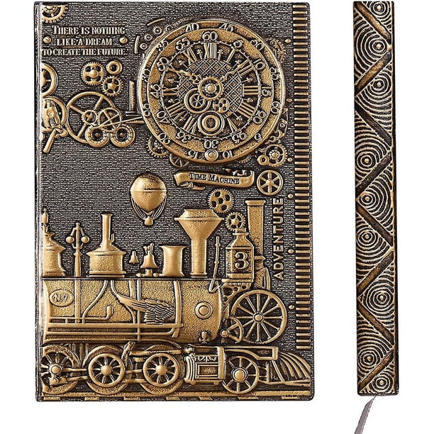 Time Train Bronze Cuaderno de tapa dura A5 con rayas, cuaderno de cuero vintage, diario de viaje hecho a mano en relieve, 200 páginas a rayas, regalo de cumpleaños de Navidad para