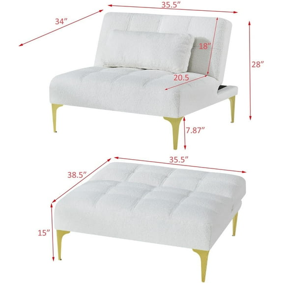Convertible Sofa Bed with Adjustable Backrest, Teddy Fabric Armless Chair, Gold Metal Legs for Living Room, Bedroom, Apartment, Office, White