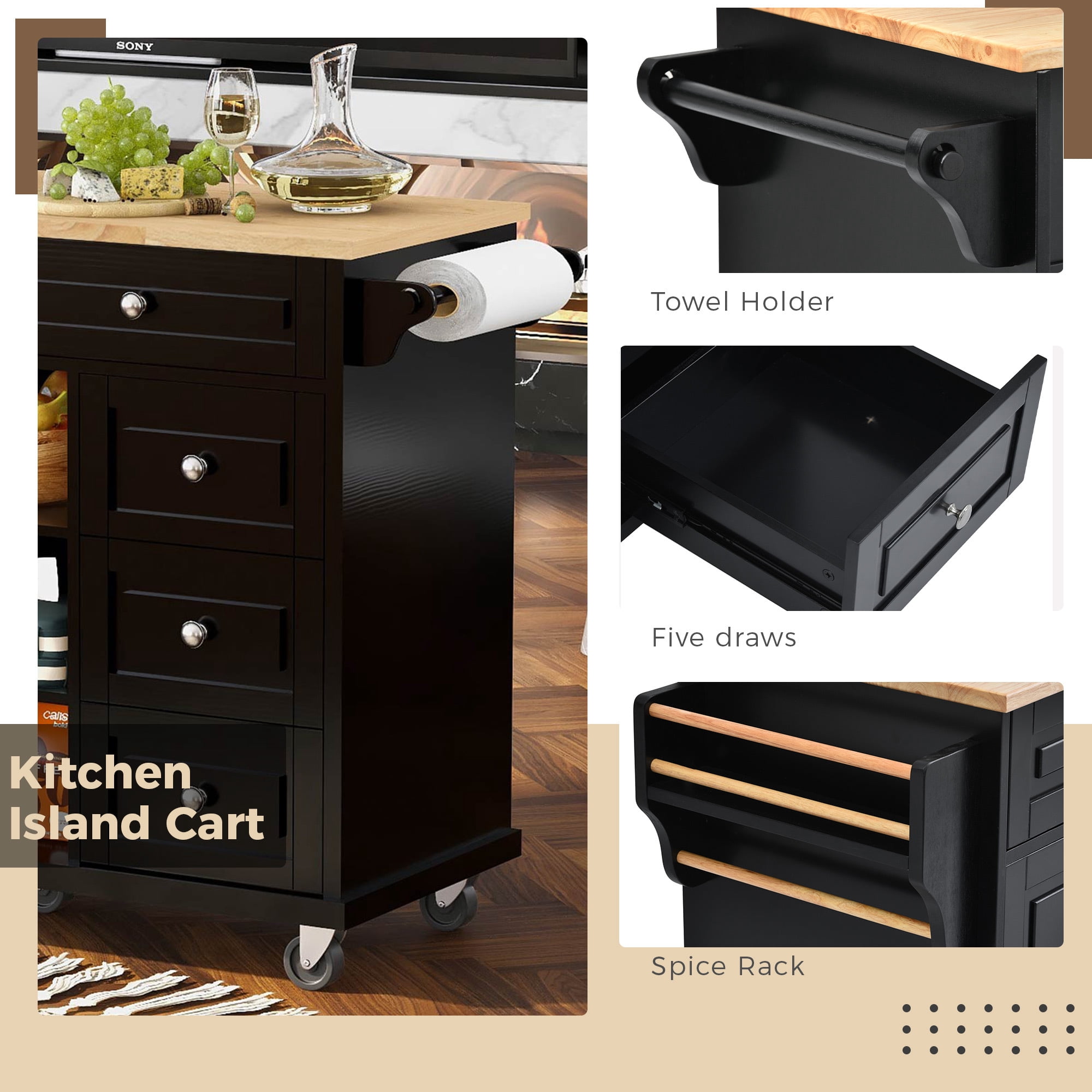 DEALTOPS 53 Inch Kitchen island with Rubber wood desktop rolling mobile kitchen cart with storage and 5 drawers-Black
