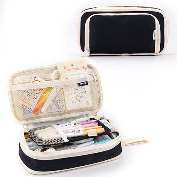 Tucknest Large Pencil Bag, Canvas Pencil Pouch with Handle, Multiple Pockets Mesh Pen Case, Black Stationery Organizer for Office Supplies