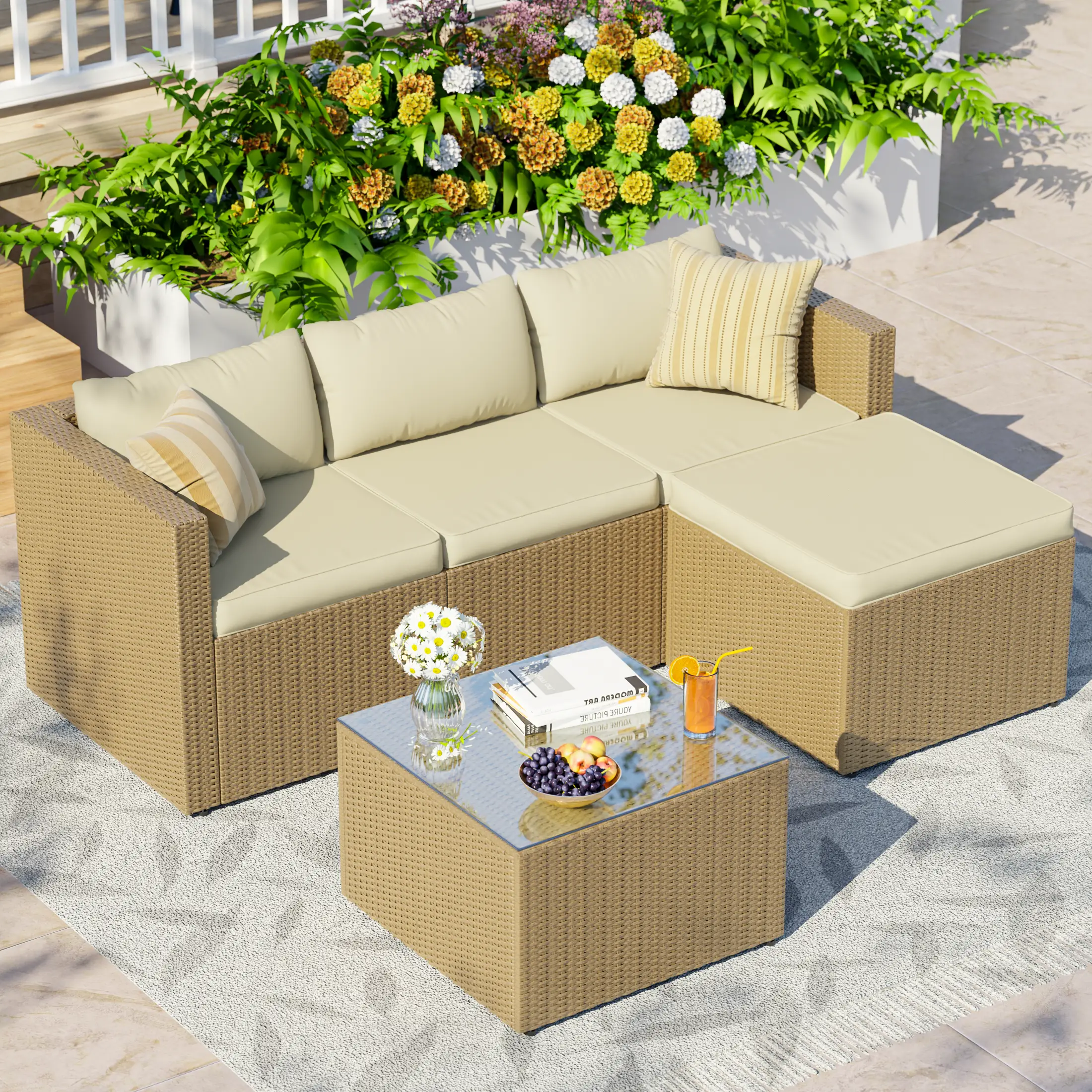 UDPATIO 5-Piece Patio Furniture Set,Outdoor Patio Furniture Set All-Weather Rattan Wicker Patio Conversation Set with Ottoman, Cushions & Glass Table for Garden & Backyard, Cream White