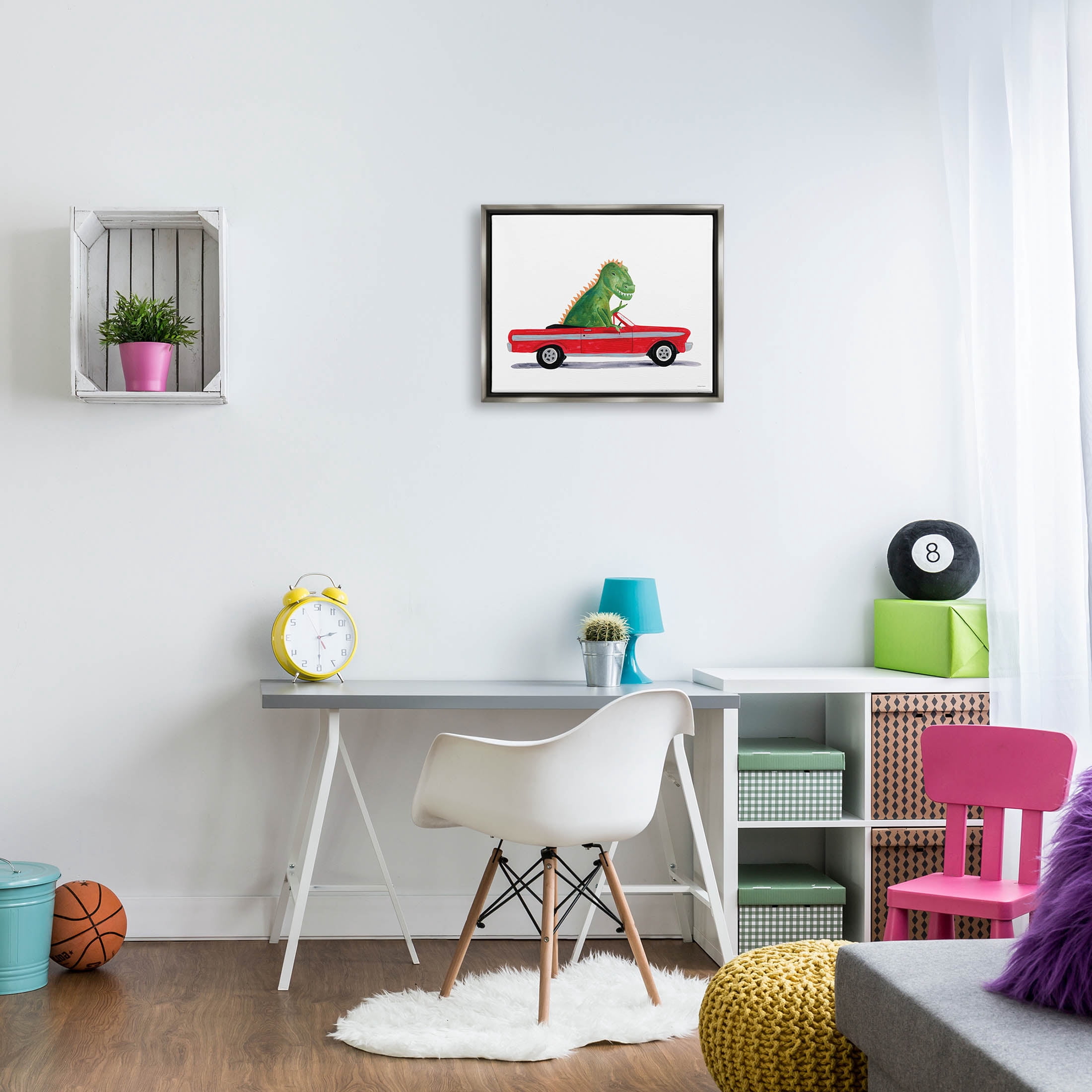 Dinosaur Monster Sports Car Fairy Tales & Fantasy Graphic Art Luster Gray Framed Art Print Wall Art